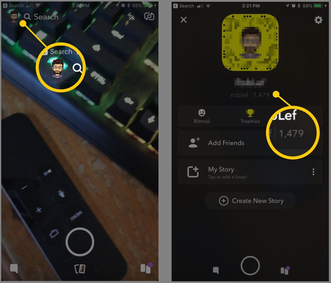 Снимки экрана Snapchat на iOS с акцентом на значок профиля и оценку для Snapchat