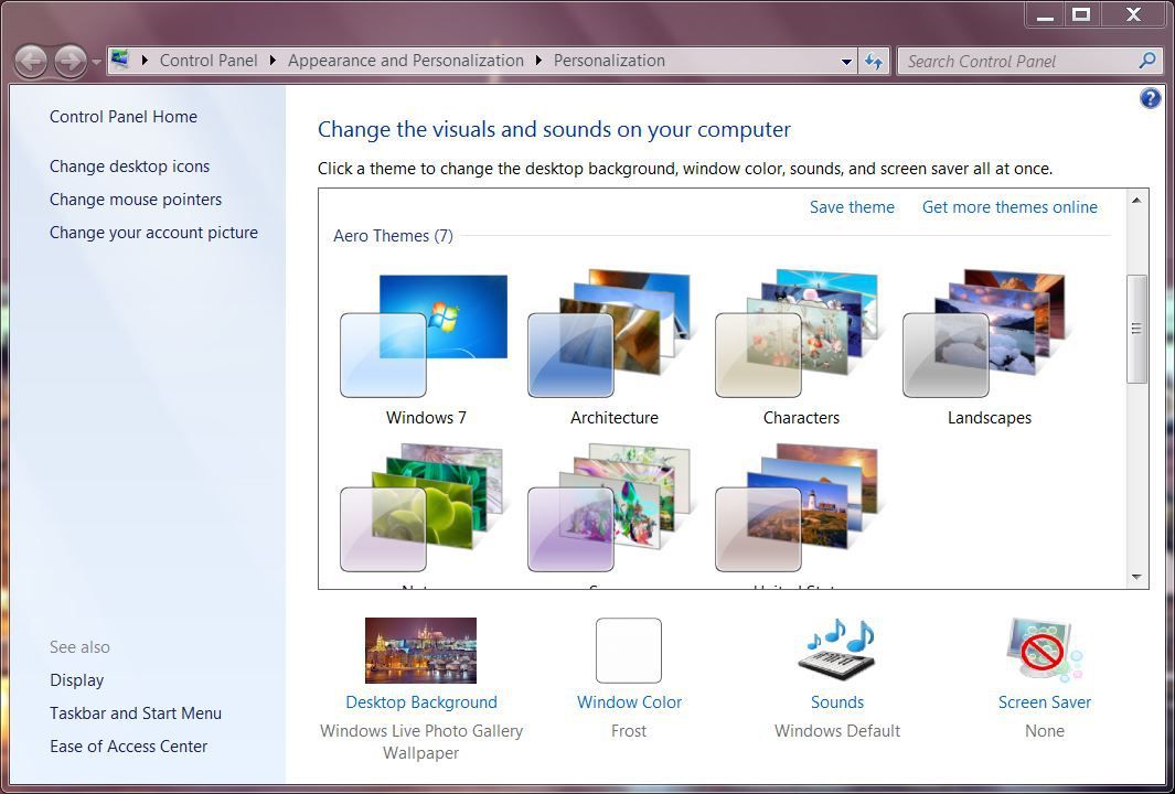 Снимок экрана Aero Themes в Windows 7