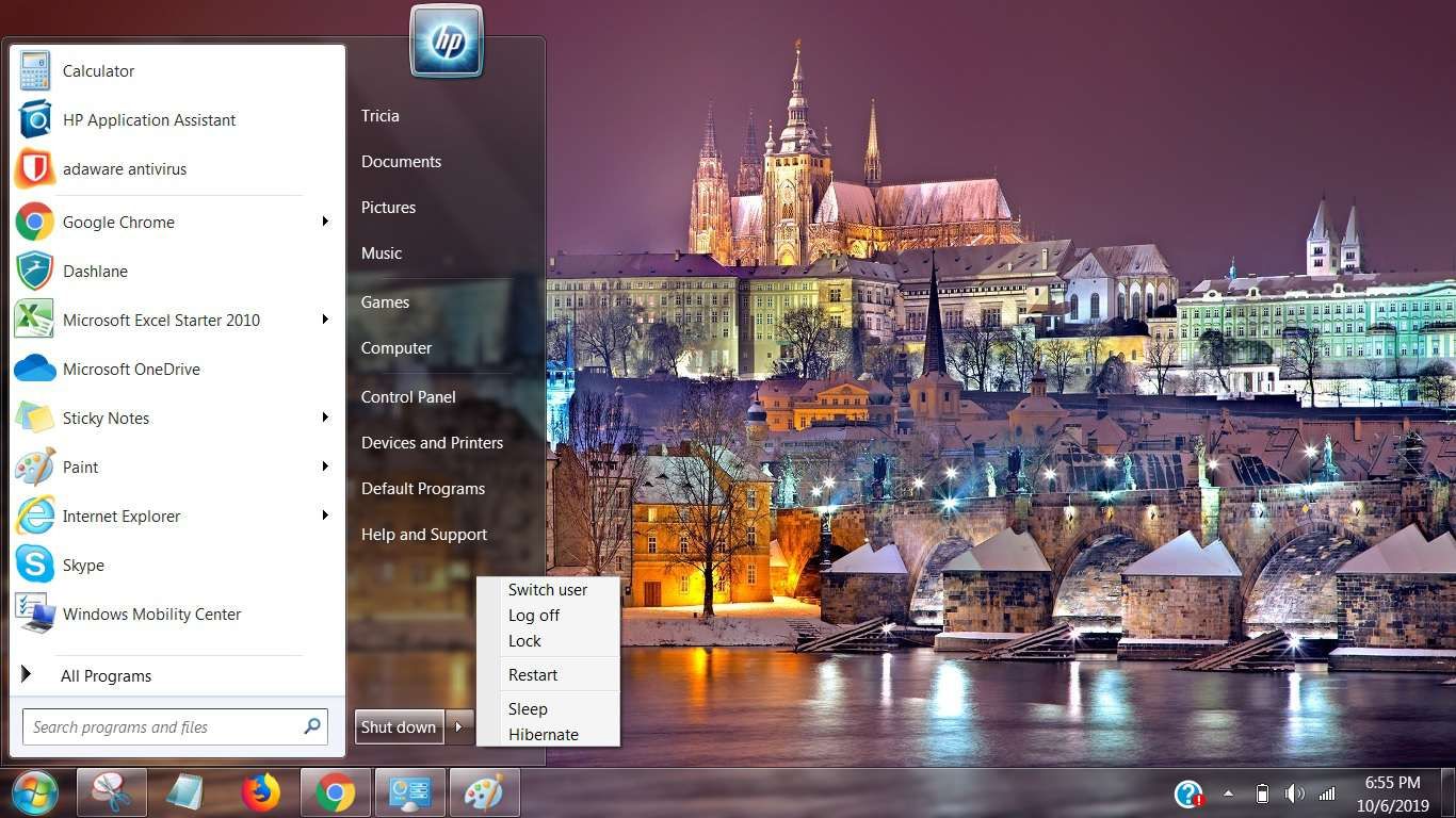 Снимок экрана, показывающий выключение в меню «Пуск» Windows 7