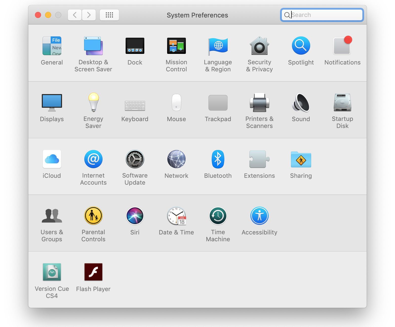 Экран системных настроек Mac