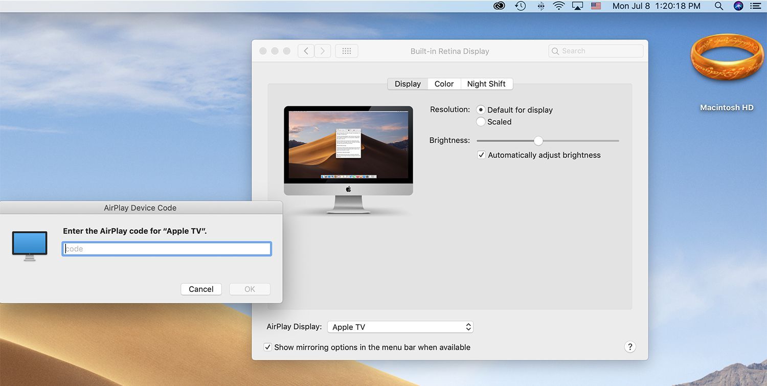 Ввод кода AirPlay на Mac