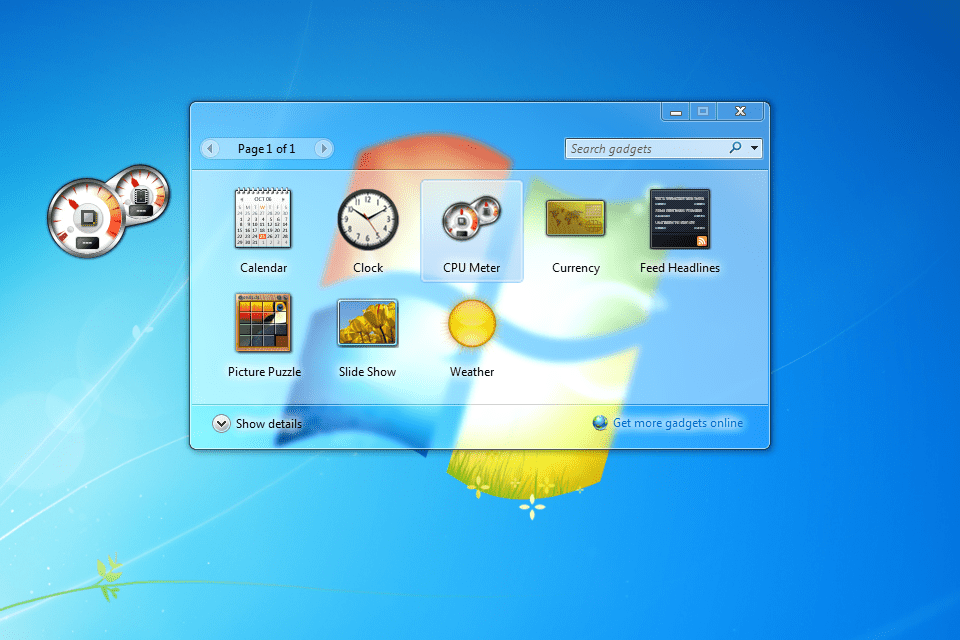 Снимок экрана, показывающий, как получить гаджет CPU Meter в Windows 7