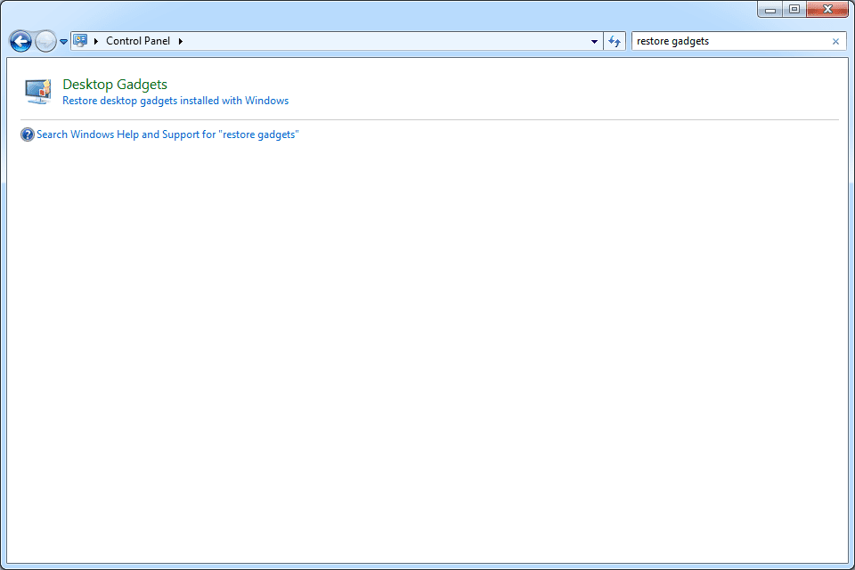 Снимок экрана параметра панели управления Windows 7 для восстановления всех стандартных настольных гаджетов
