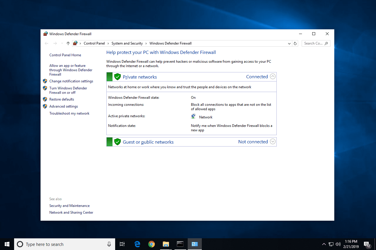 Настройки брандмауэра Windows 10