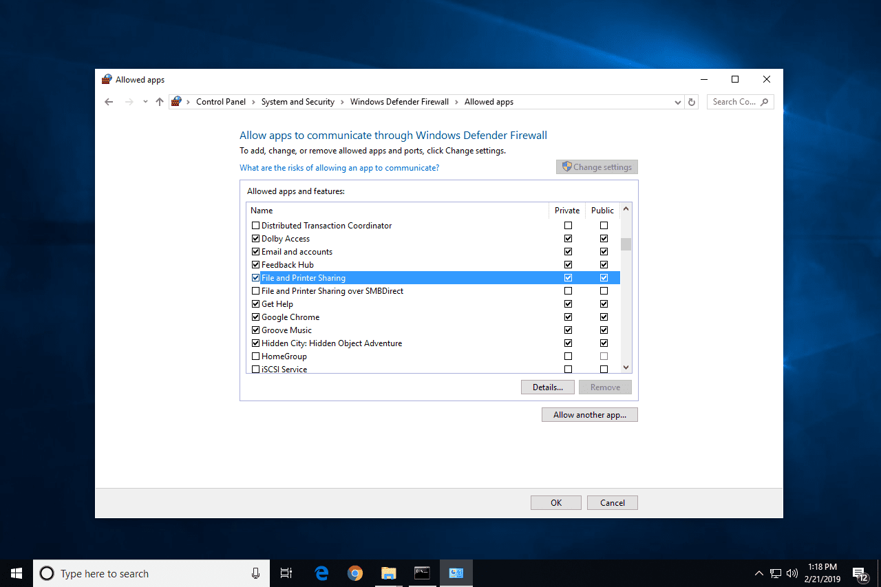 Общий доступ к файлам и принтерам Брандмауэр Windows в Windows 10
