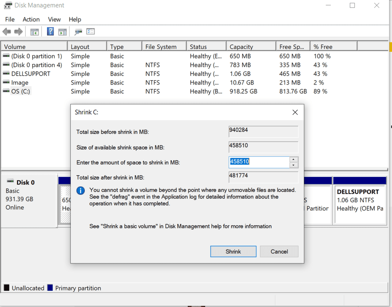 Скриншот сокращения раздела Windows в Windows