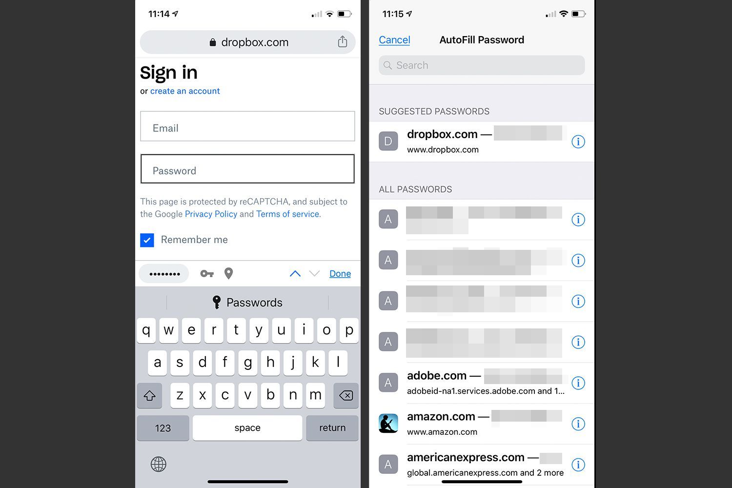 Экран автозаполнения пароля в приложении Chrome для iOS