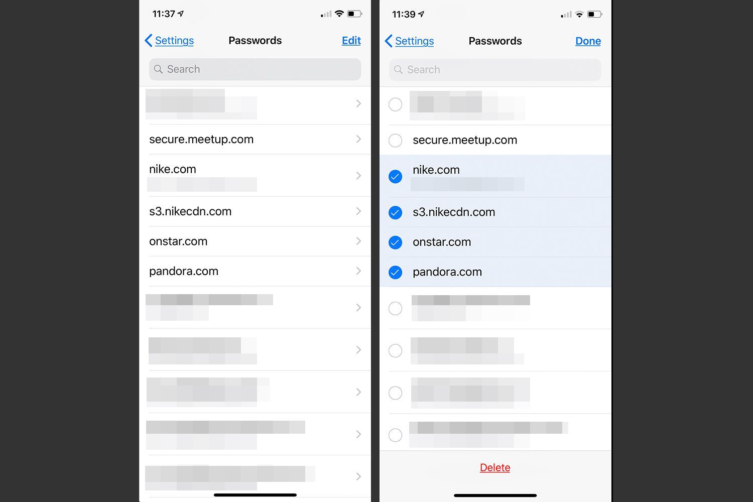 Выбор сохраненных паролей iOS Chrome для постоянного удаления