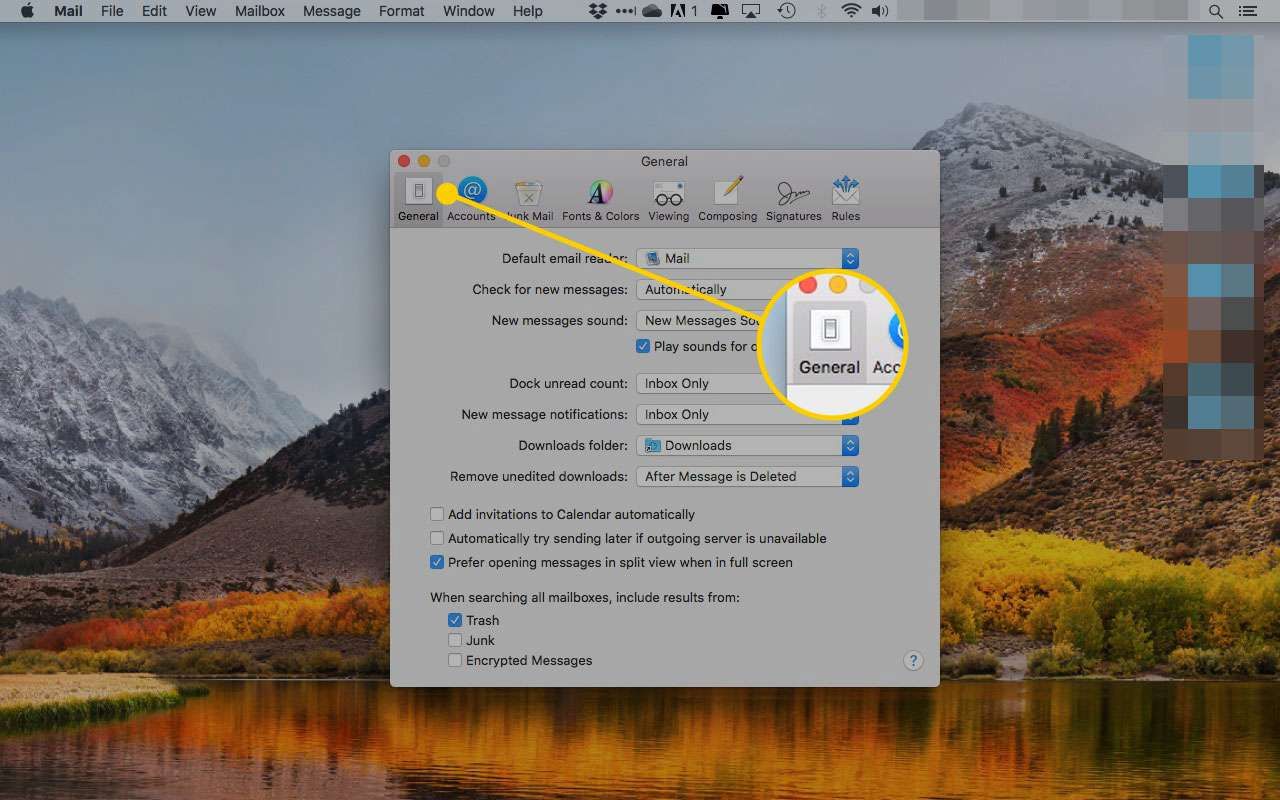 Настройки MacOS X Mail с выделенной вкладкой General