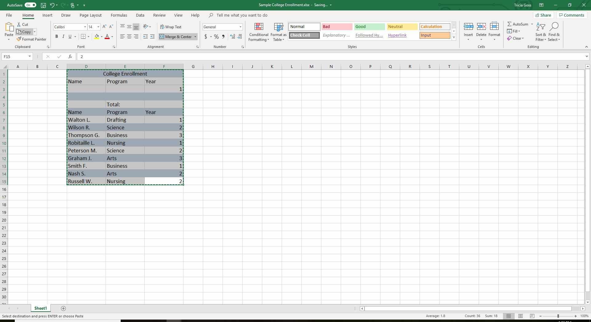 Снимок экрана с выбранными данными в Excel