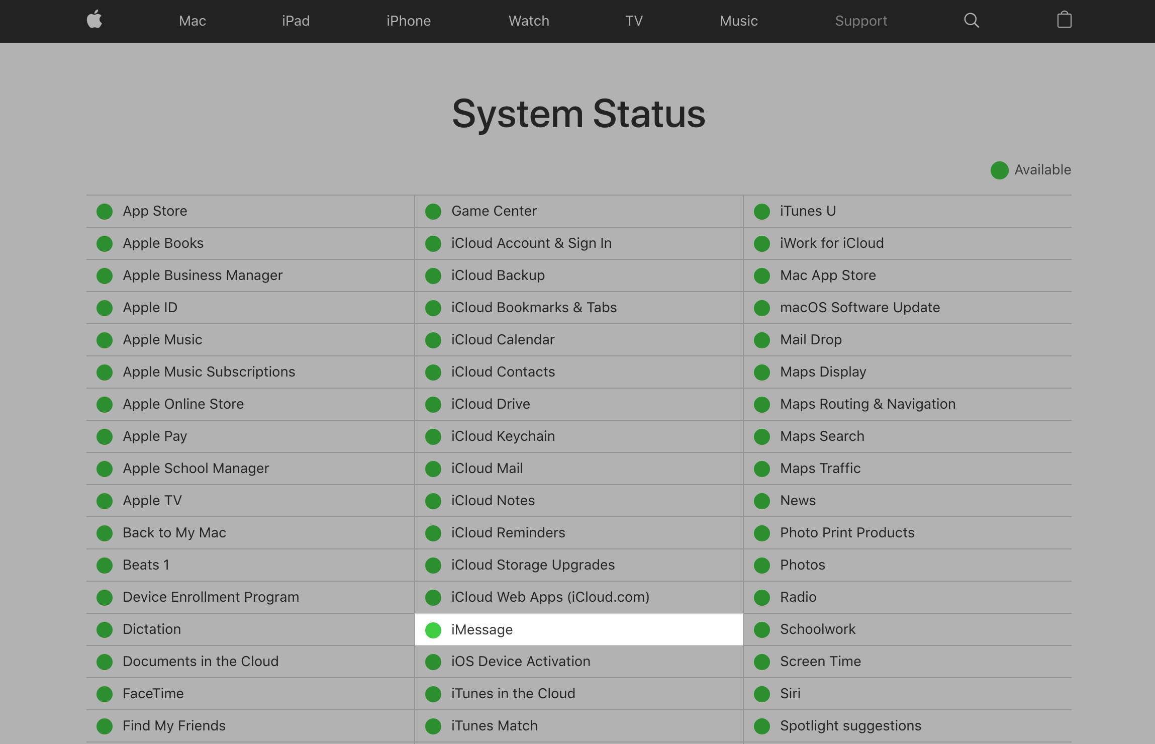 яблоко's services system status screen