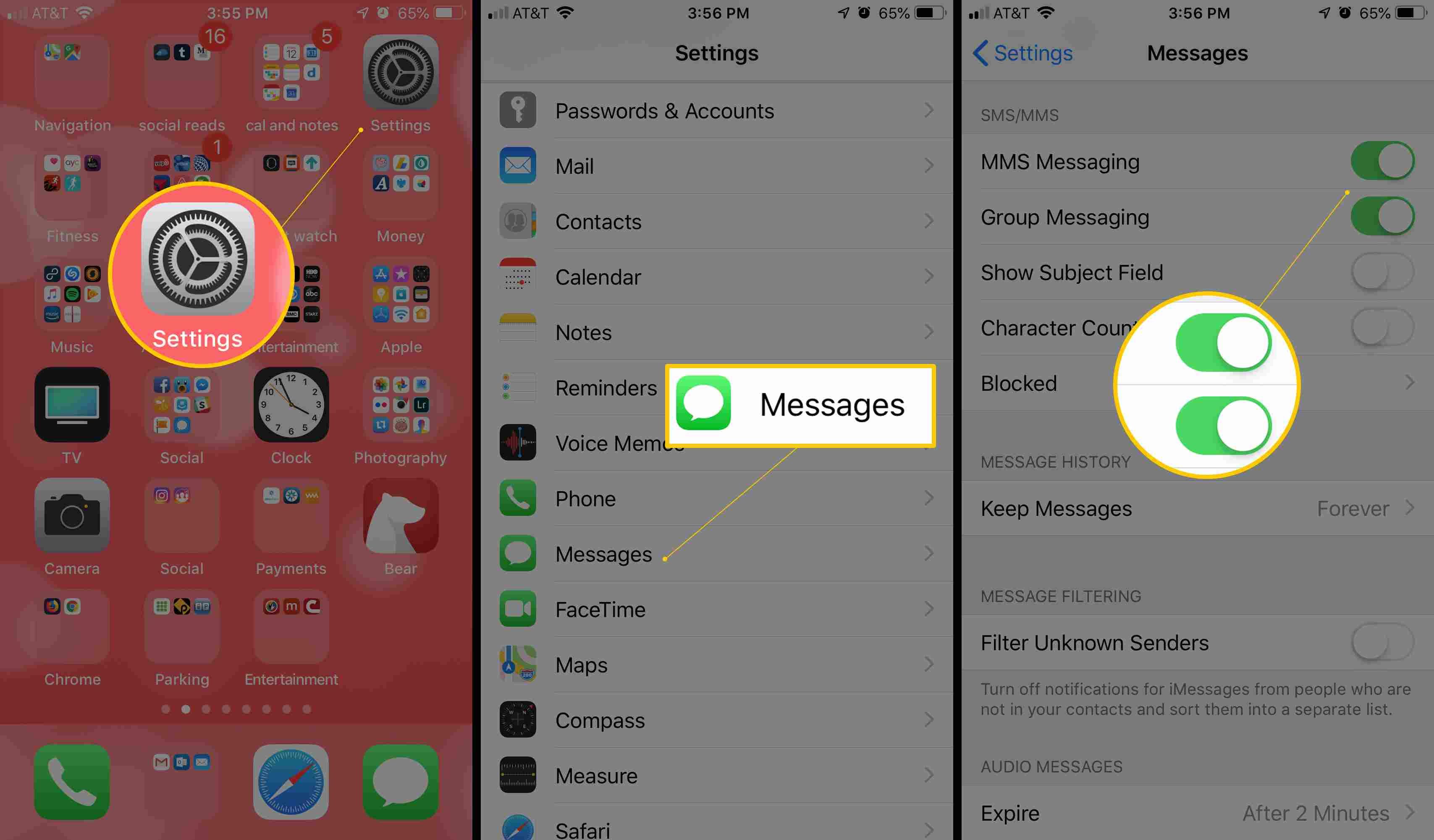 Три экрана iOS с настройками, сообщениями и MMS-сообщениями, а также переключателями групповых сообщений