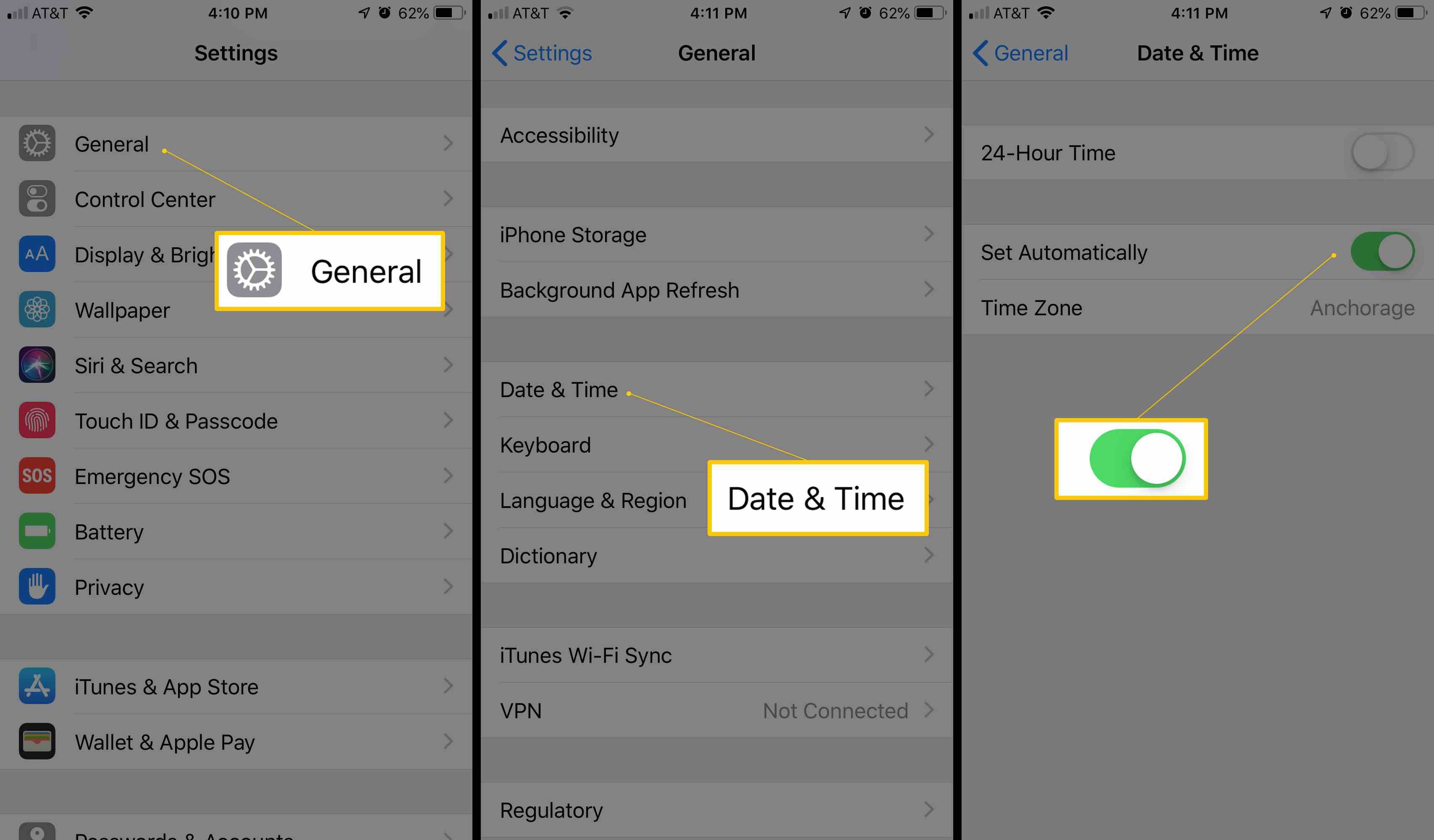 Три экрана iOS, на которых отображаются кнопки «Общие», «Дата и время» и «Автоматическая установка»