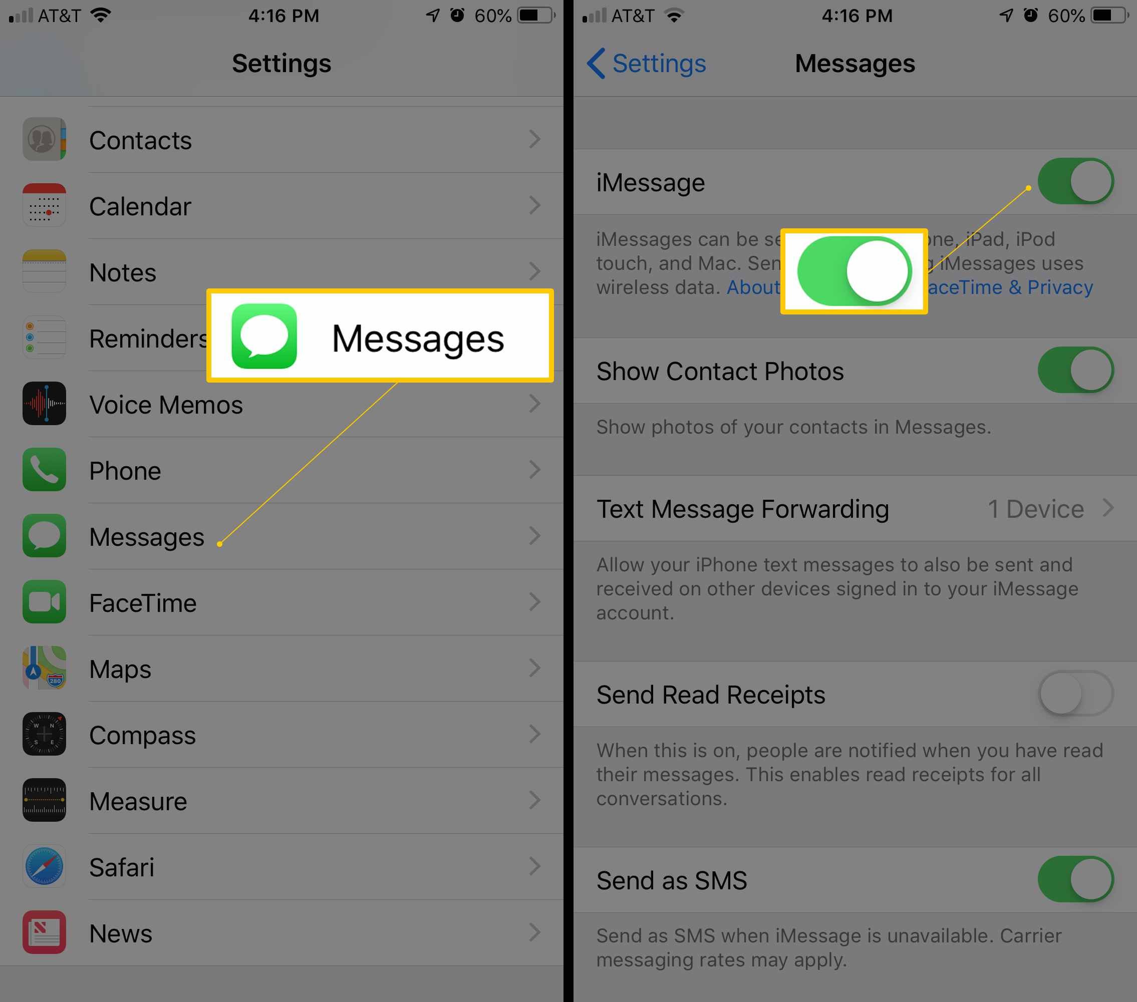 Два экрана iOS с кнопкой «Сообщения» в приложении «Настройки» и переключателем iMessage