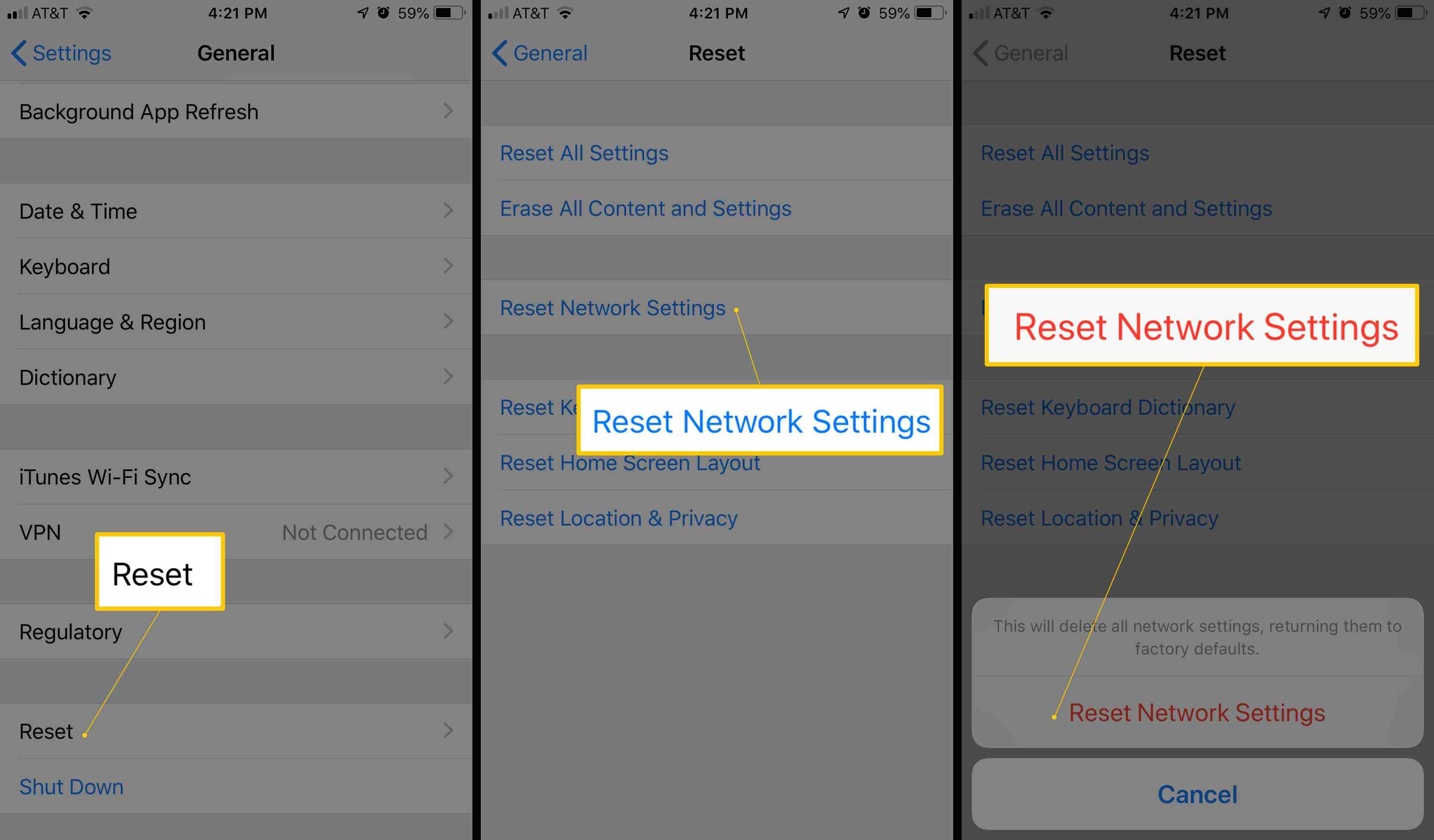 Три экрана iOS, на которых отображается «Сброс» в разделе «Общие настройки», «Сброс настроек сети» и красная кнопка подтверждения