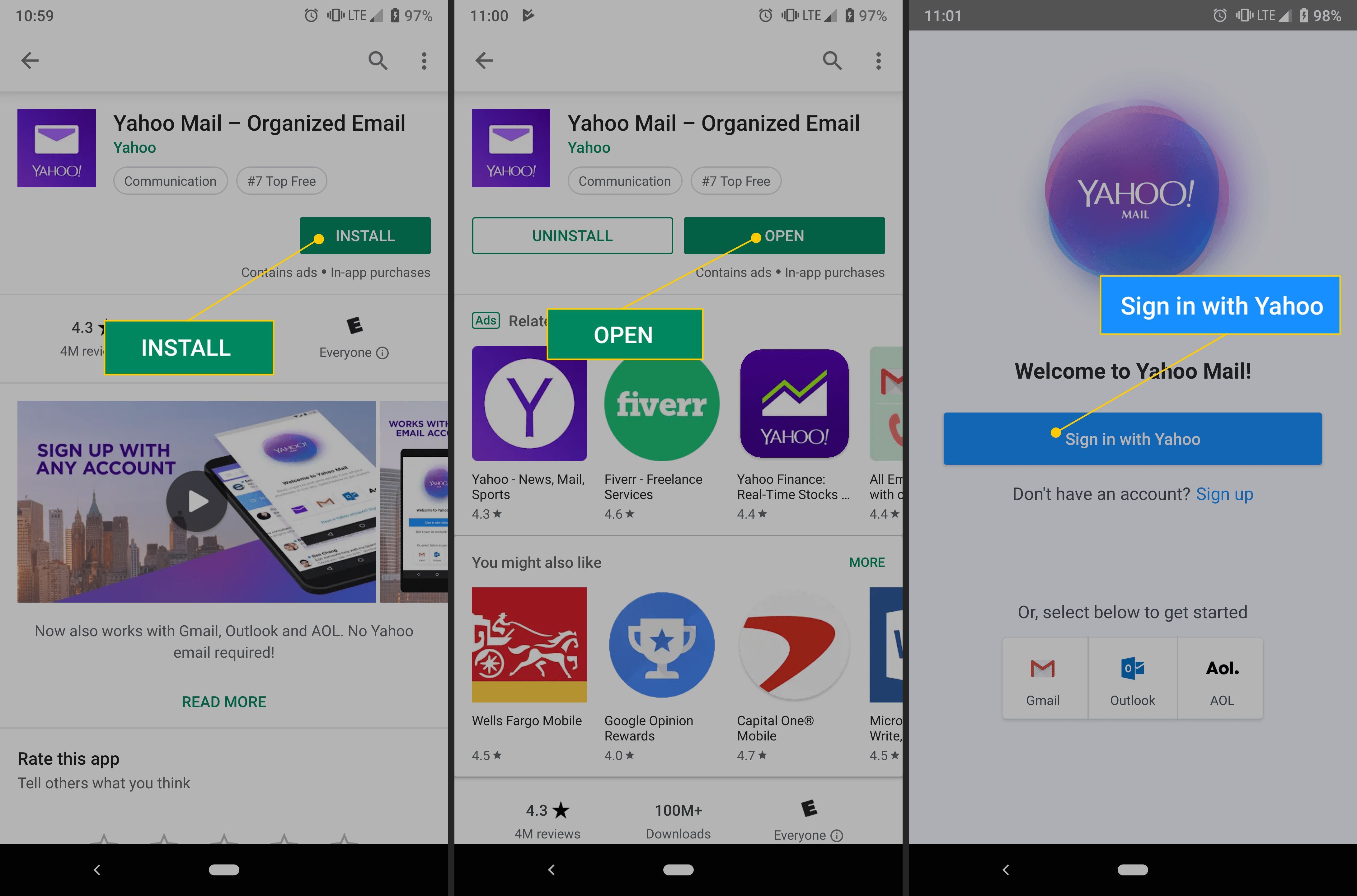Установить, открыть, войти с помощью кнопок Yahoo в Yahoo Mail для Android