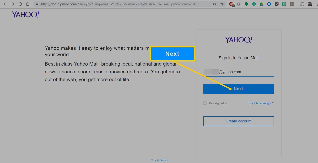 Следующая кнопка для входа в Yahoo Mail