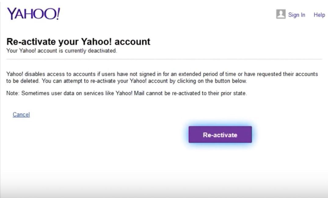 Реактивировать Yahoo! учетная запись