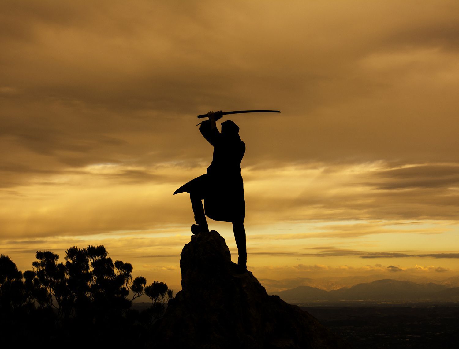 Силуэт человека с мечом над головой, резко стоящего на скале