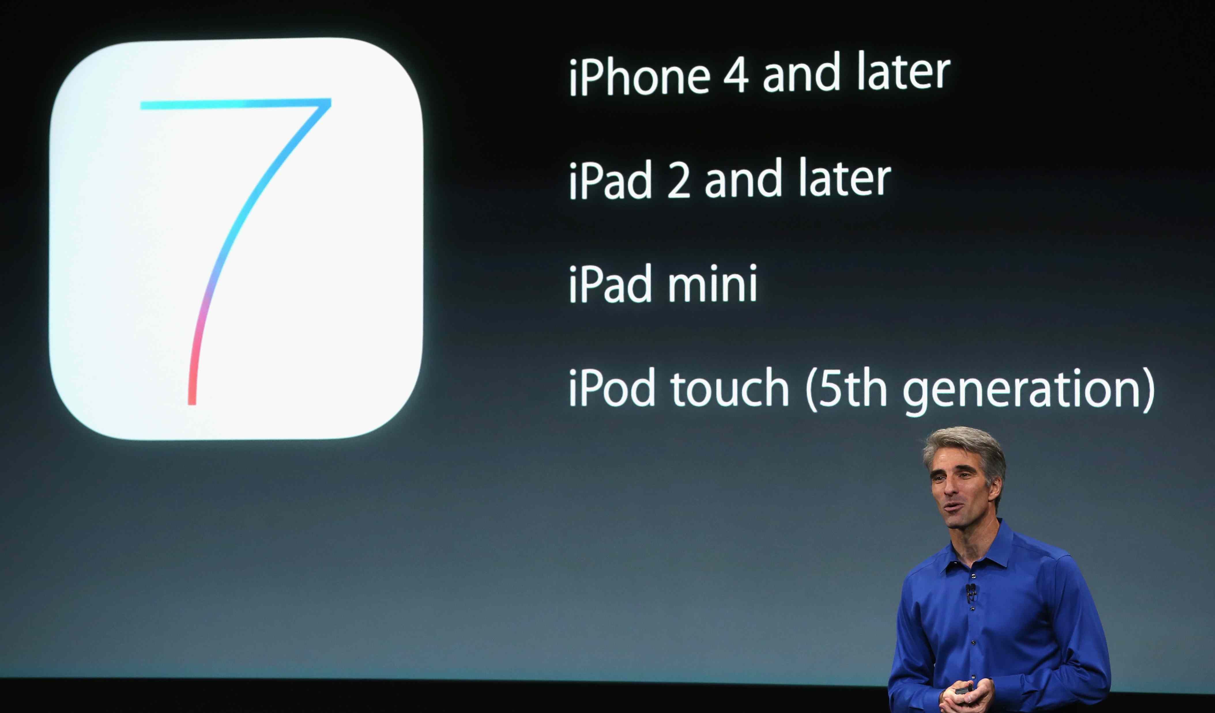Старший вице-президент Apple по разработке программного обеспечения Крейг Федериги рассказывает об iOS 7 на сцене во время анонса продукта Apple в кампусе Apple 10 сентября 2013 г.
