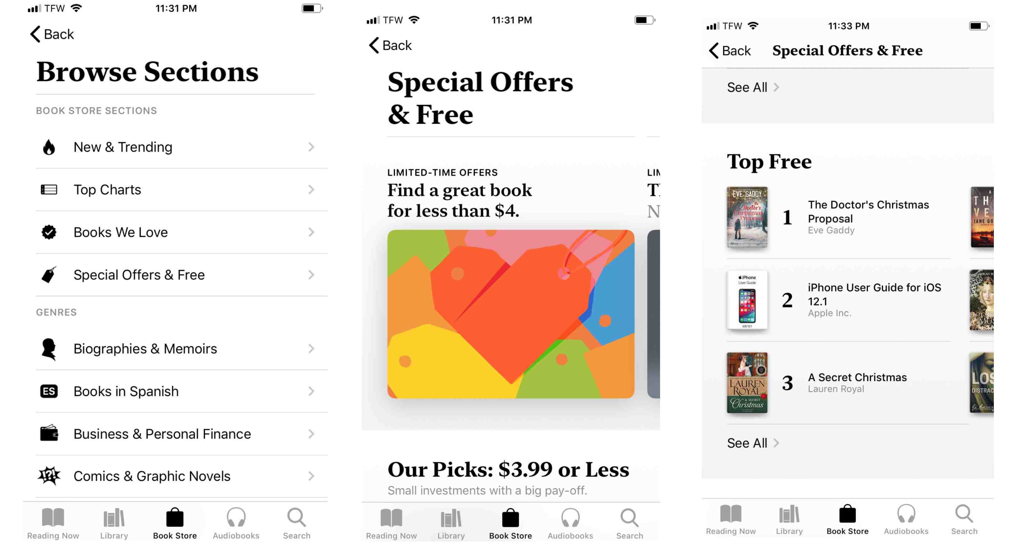 Снимок экрана раздела «Специальные предложения и бесплатные» на iPhone