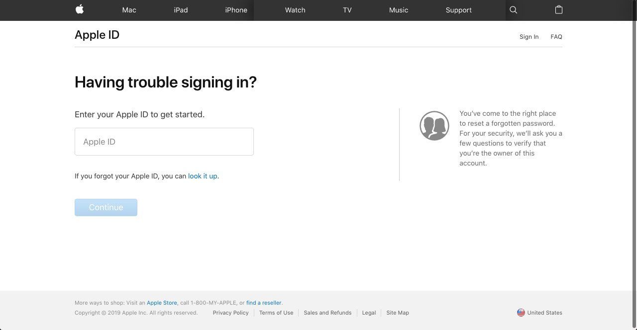 яблоко's Apple ID recovery website