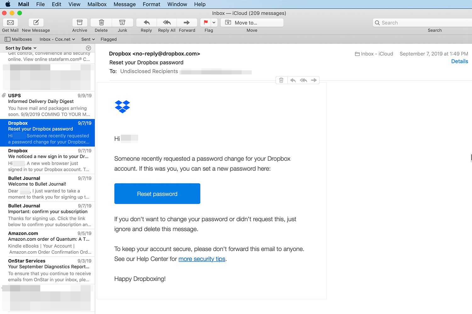 Приложение Mac Mail, отображающее электронную почту на панели предварительного просмотра