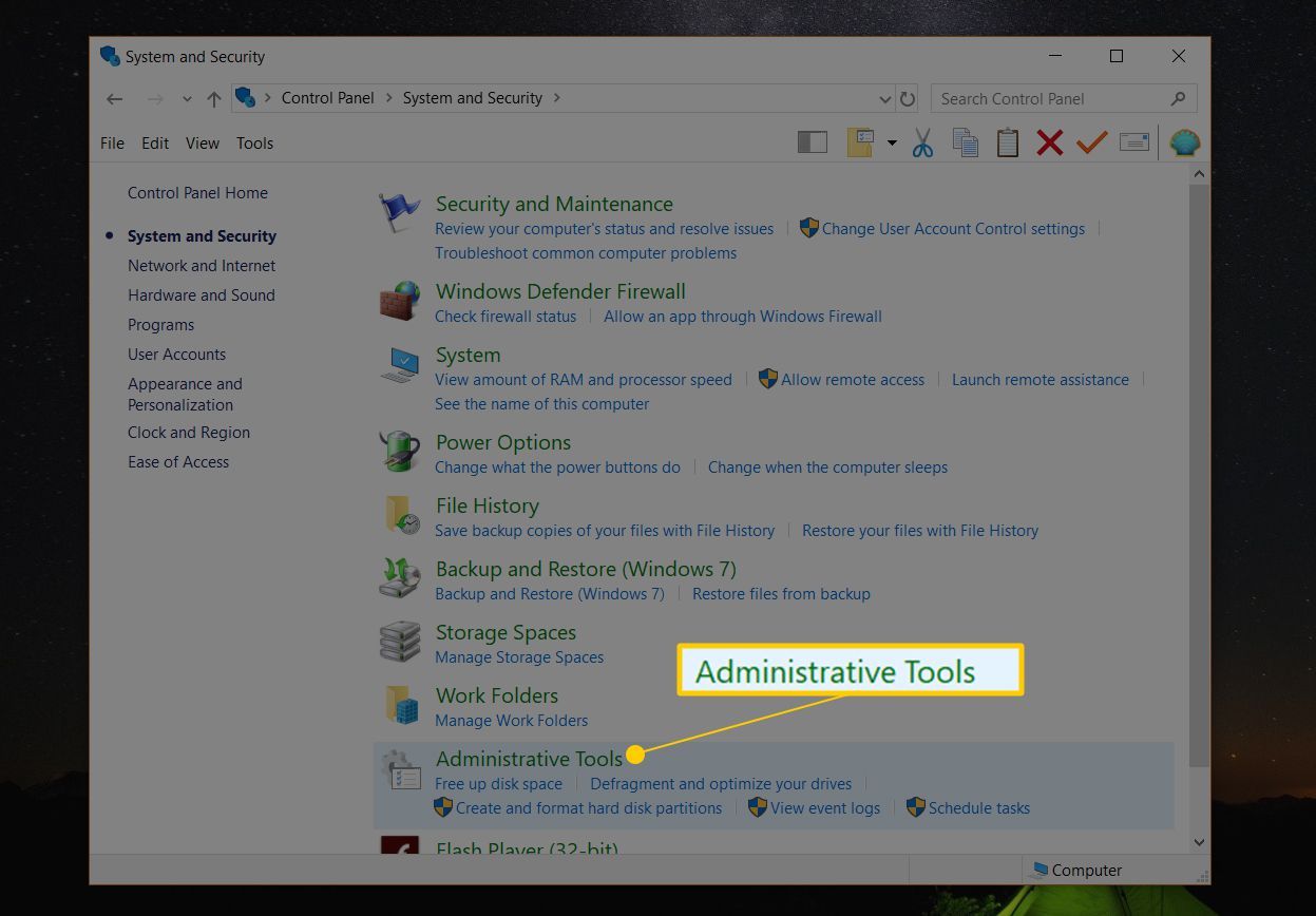 Средства администрирования в приложении «Система и безопасность» в Windows 10