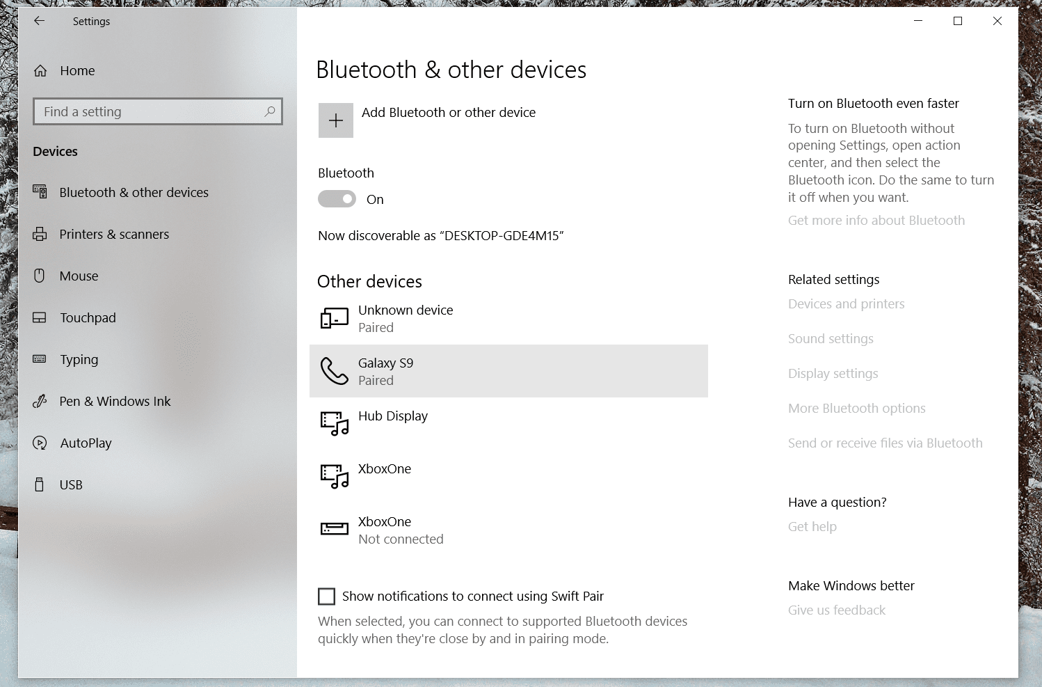 Панель Bluetooth в Windows 10