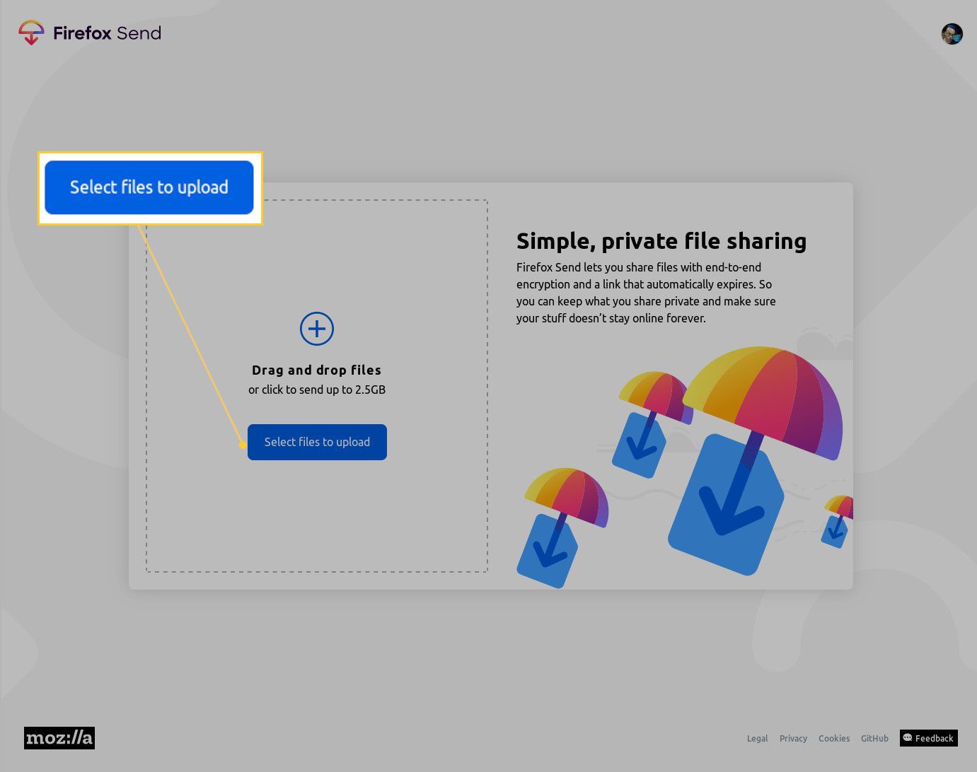 Снимок экрана с кнопкой «Выбрать файлы» в Firefox.