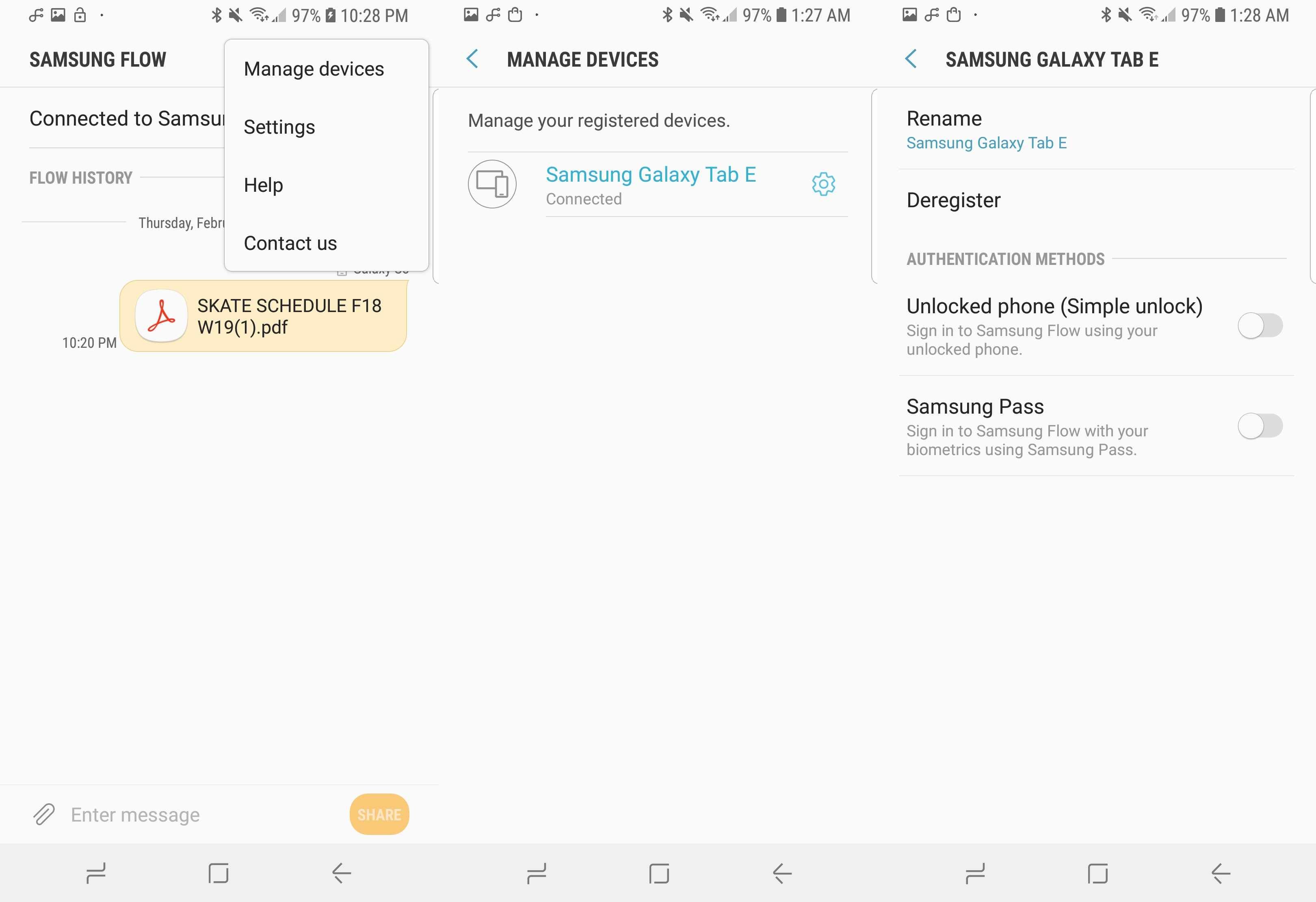 Скриншот Samsung Flow's device management options.