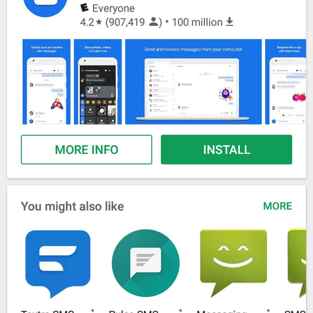 Снимок экрана с результатом поиска сообщений Android в магазине Play Store, на котором показана зелено-белая кнопка установки.