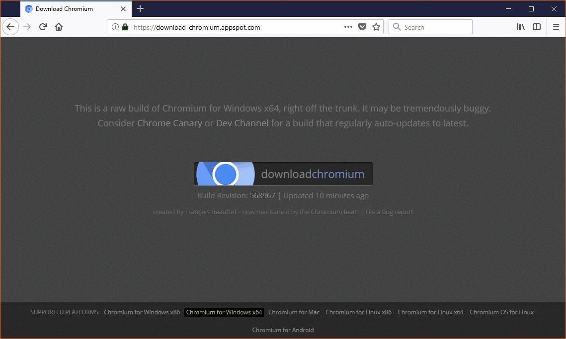 Скриншот страницы загрузки Chromium