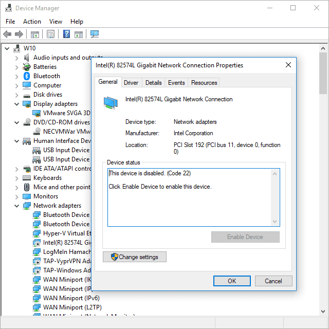 Снимок экрана: ошибка кода 22 в диспетчере устройств в Windows 10