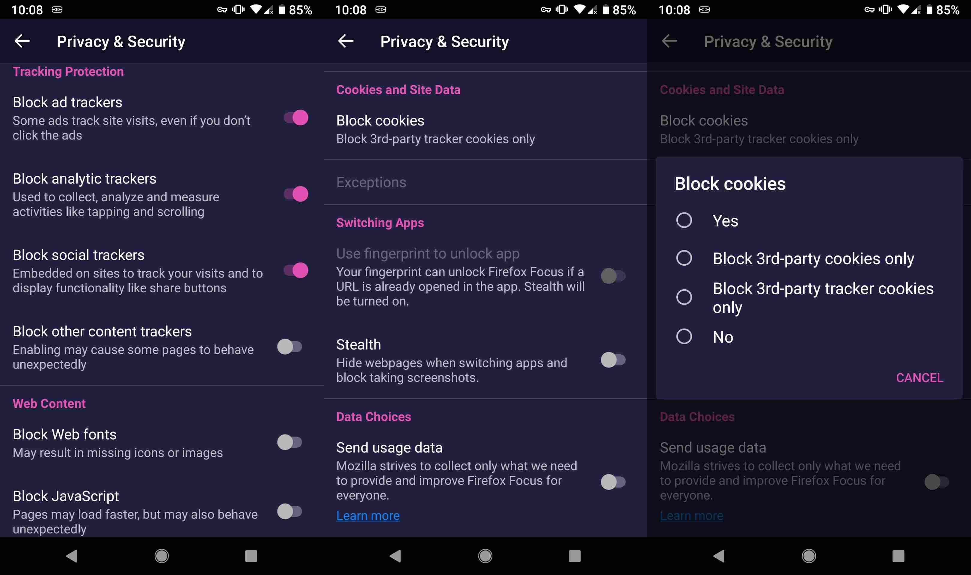 Скриншот параметров конфиденциальности и безопасности для Firefox Focus на Android и iOS.