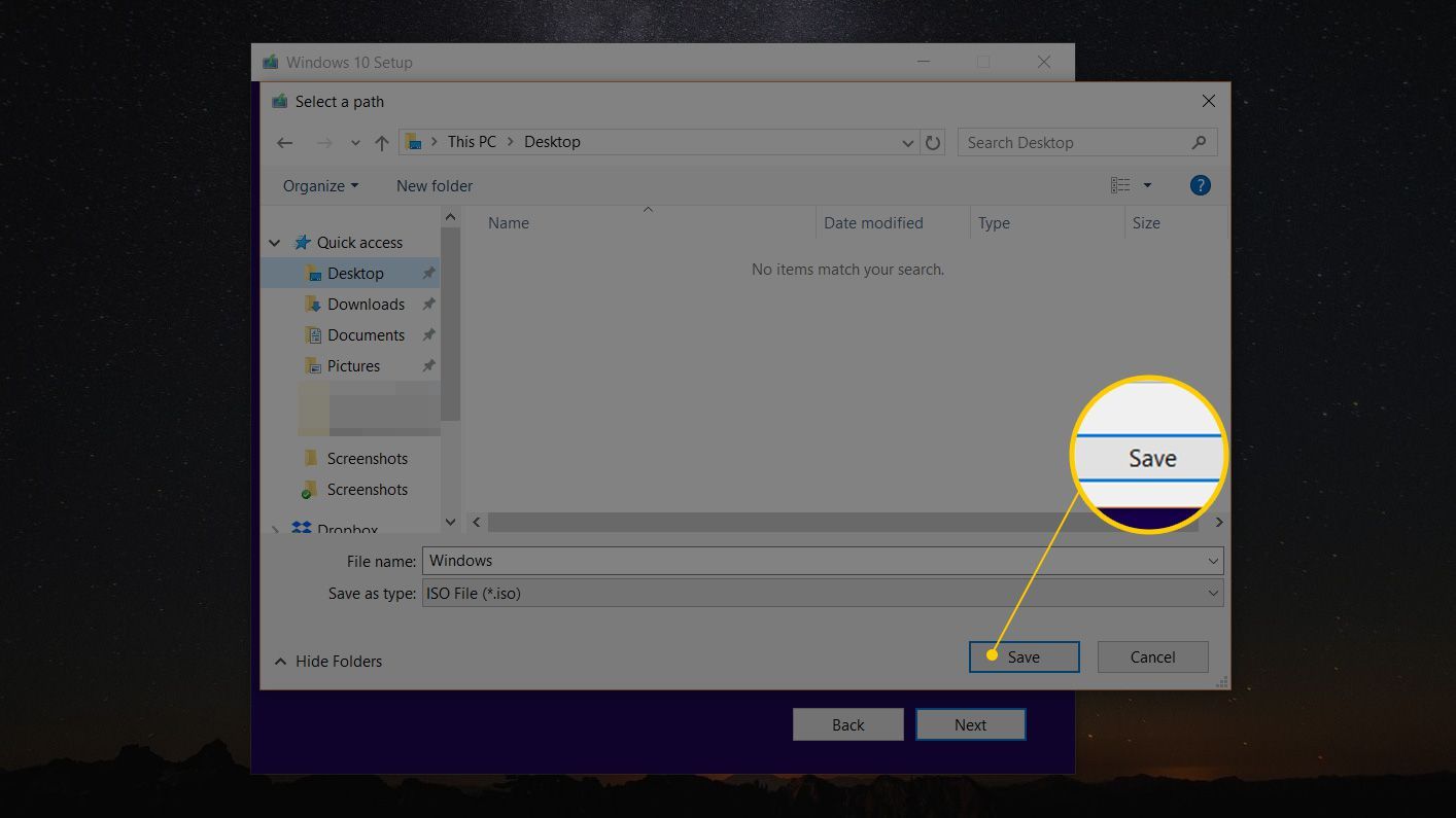 Кнопка «Сохранить» в окне «Выбрать путь» для сохранения ISO-файла Windows 10