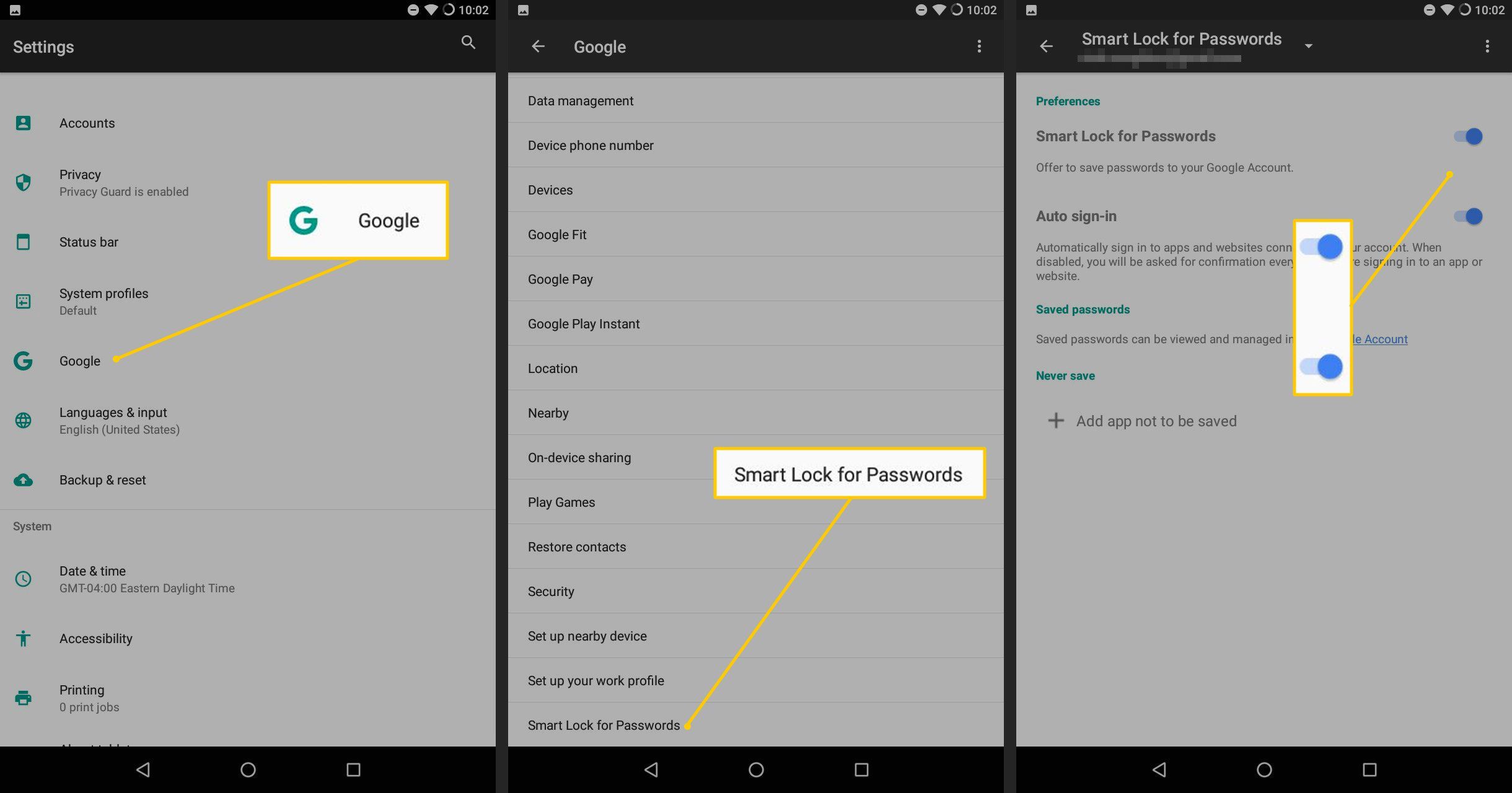 Google, Smart Lock для паролей, кнопки и переключатели для Smart Lock и автоматического входа