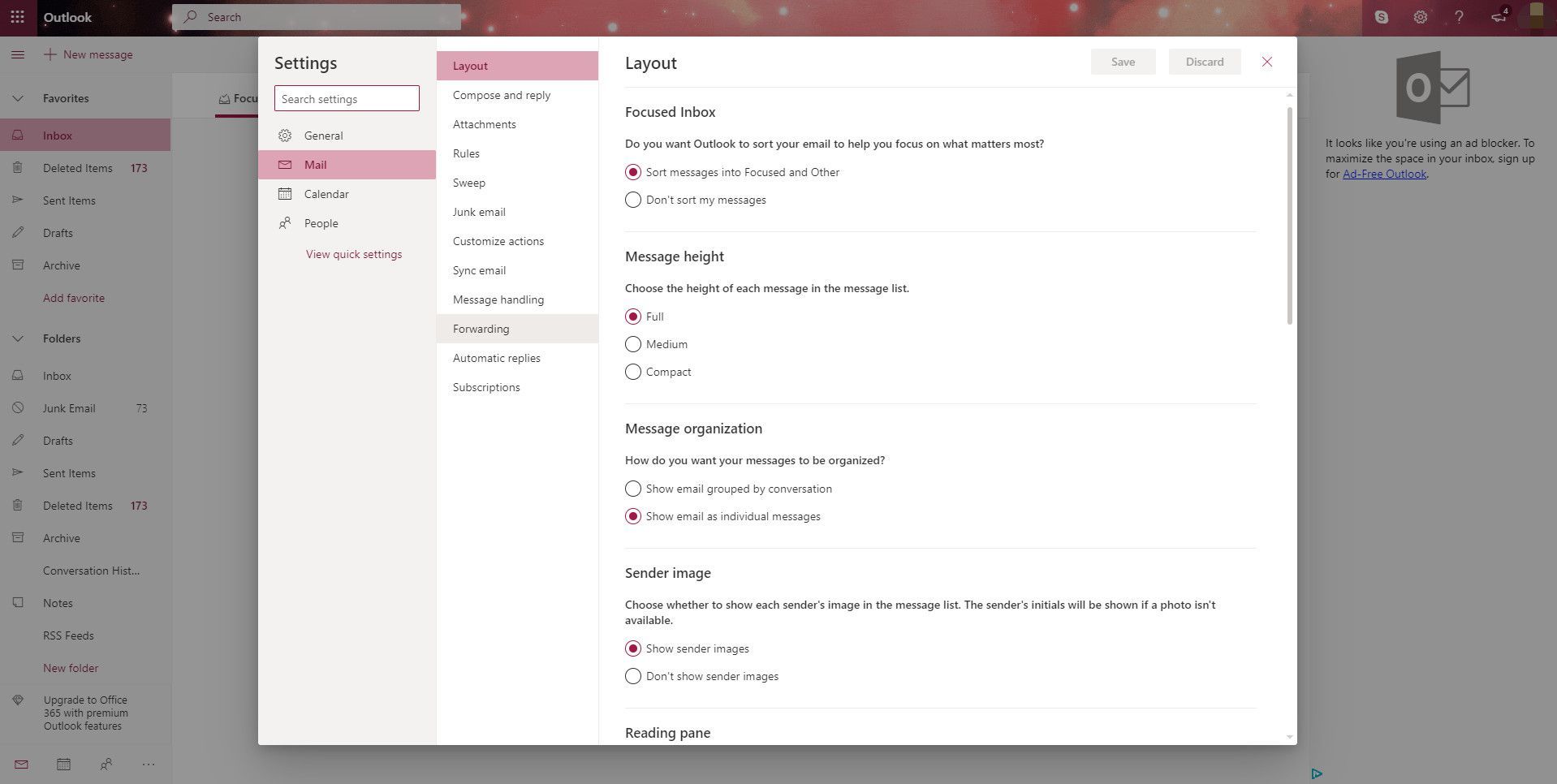 Снимок экрана Outlook's settings