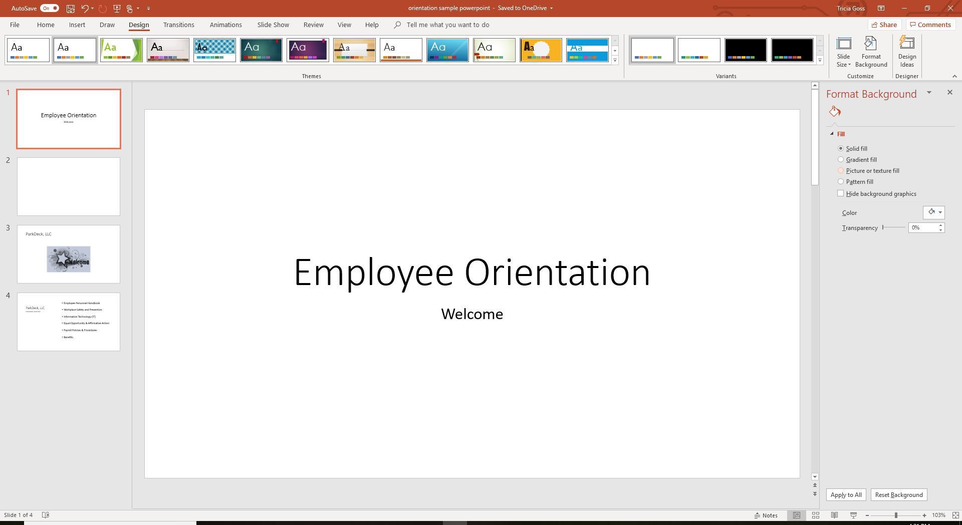 Снимок экрана, показывающий панель фона формата PowerPoint.