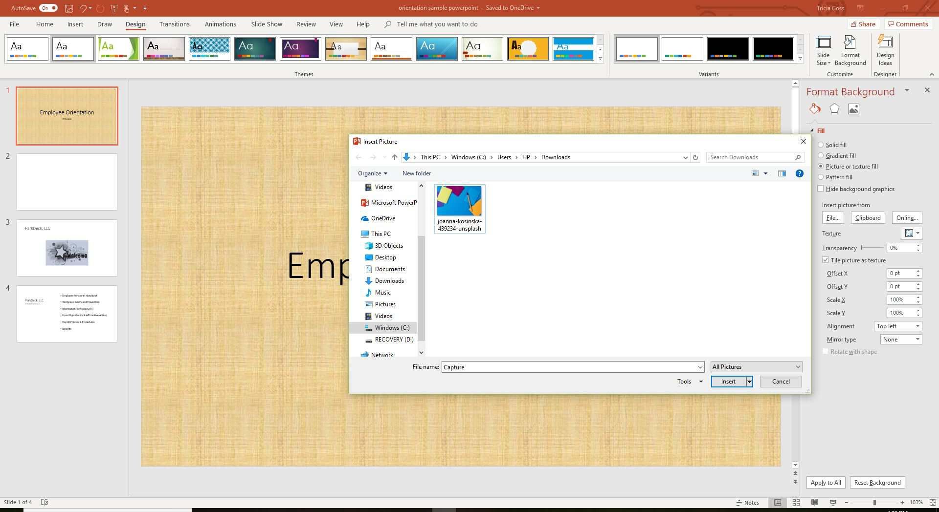 Снимок экрана, показывающий функцию вставки фонового изображения в PowerPoint.