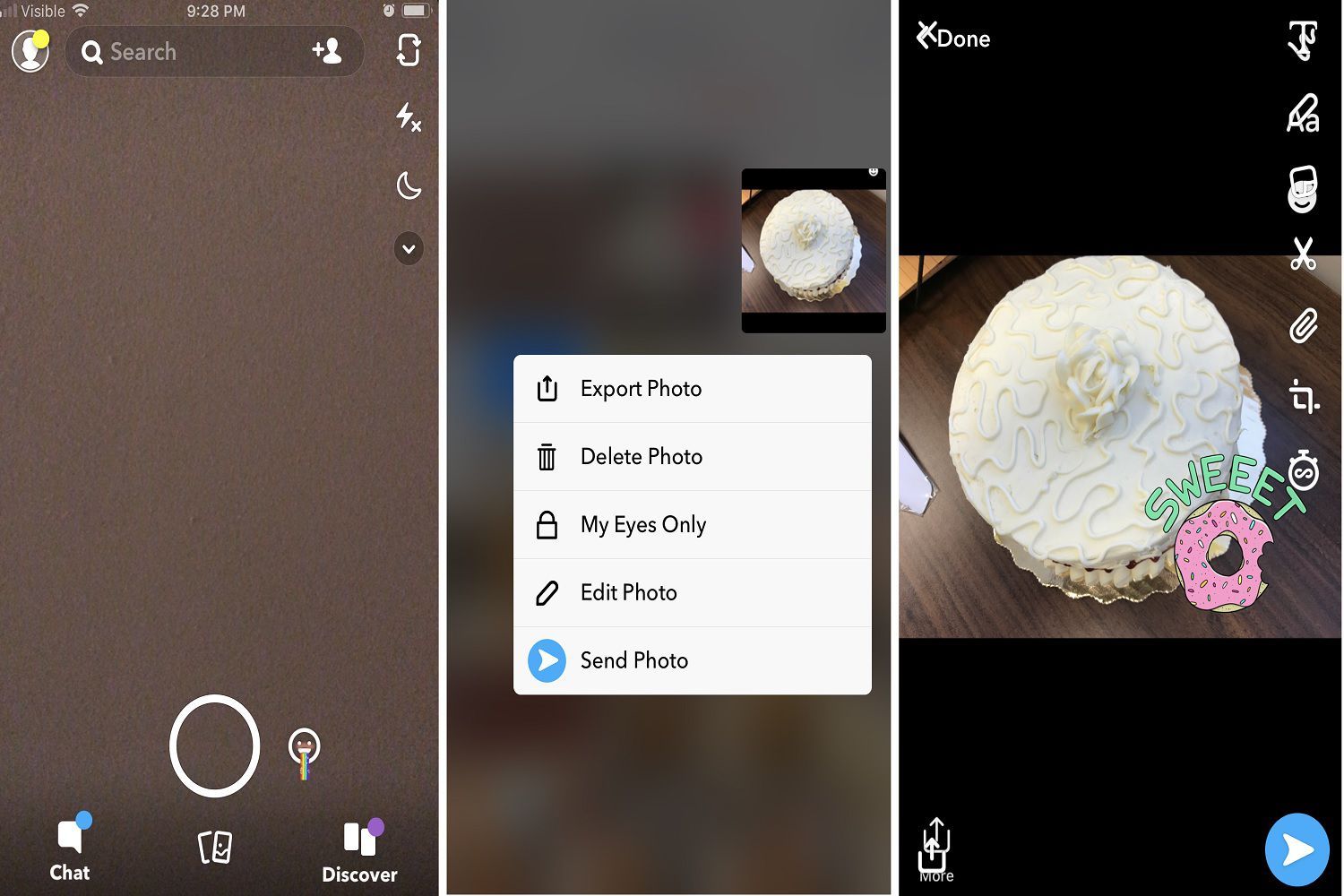 Серия из трех скриншотов, показывающих, как добавить стикер к фотографии на Snapchat на iPhone.