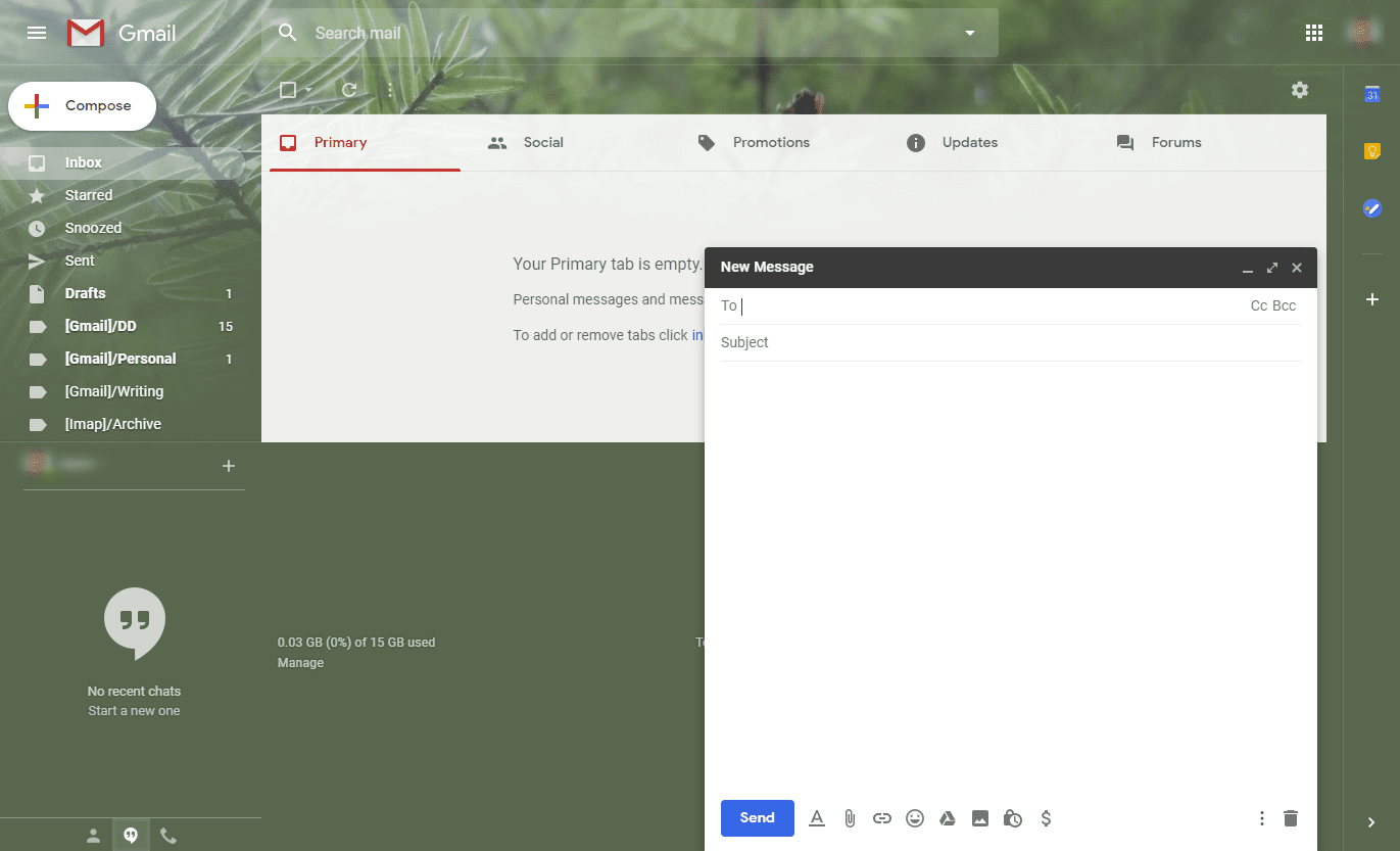 Окно Gmail открывается в окне Новое сообщение.