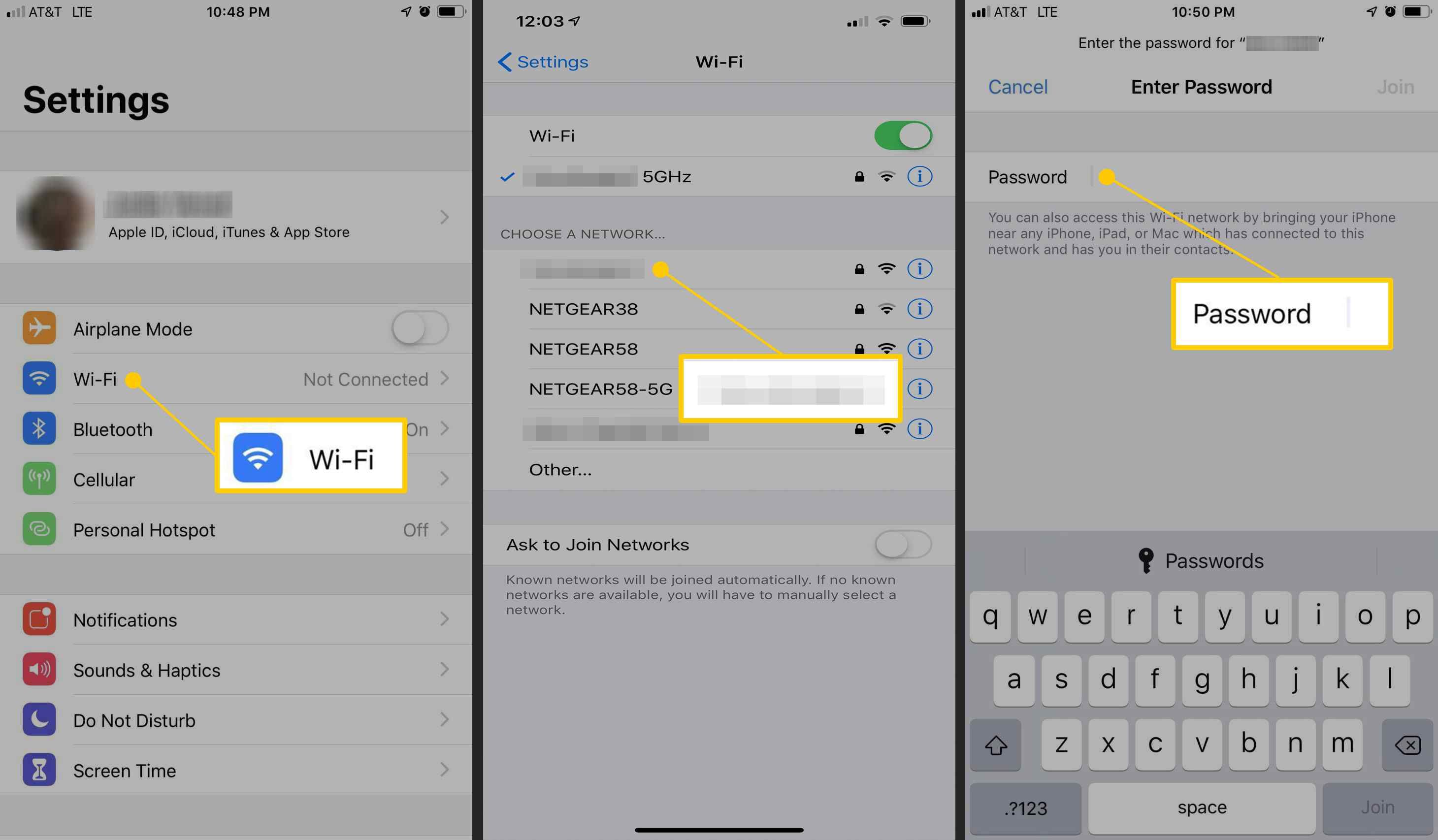 Wi-Fi, имя сети, поле пароля на iOS