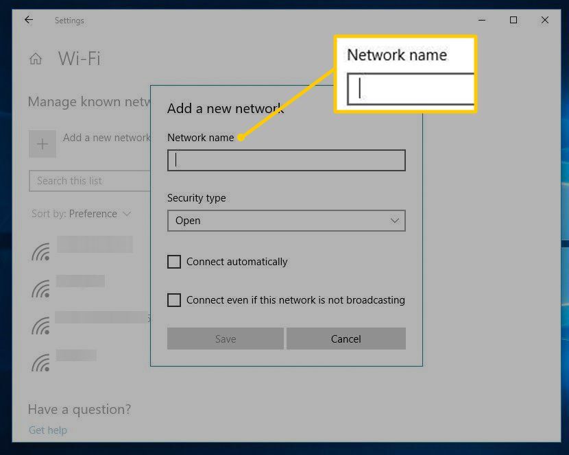 Поле имени сети в настройках Windows 10