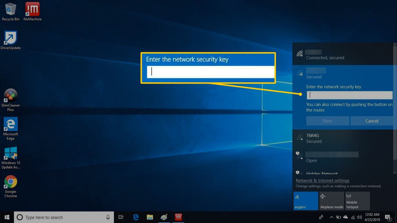 Введите ключ безопасности сети в Windows 10