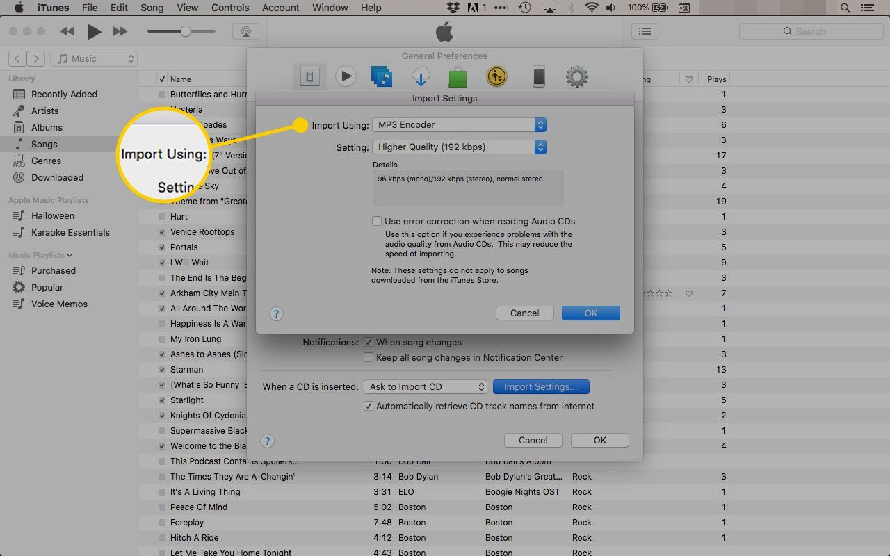 Настройки импорта с использованием в настройках импорта iTunes