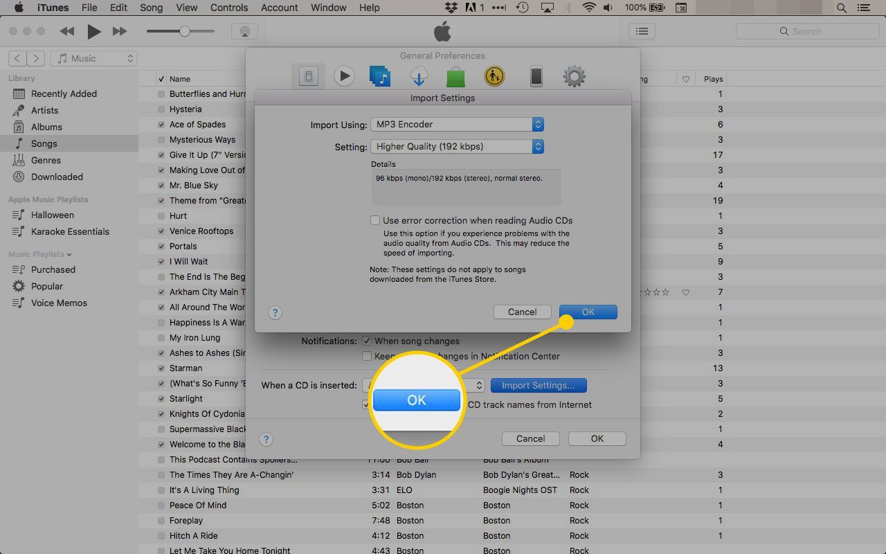 Кнопка «ОК» в настройках импорта из iTunes