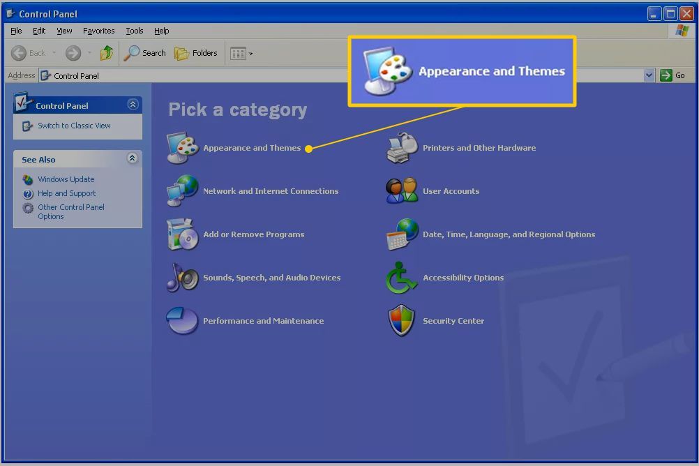 Внешний вид и темы в панели управления Windows XP
