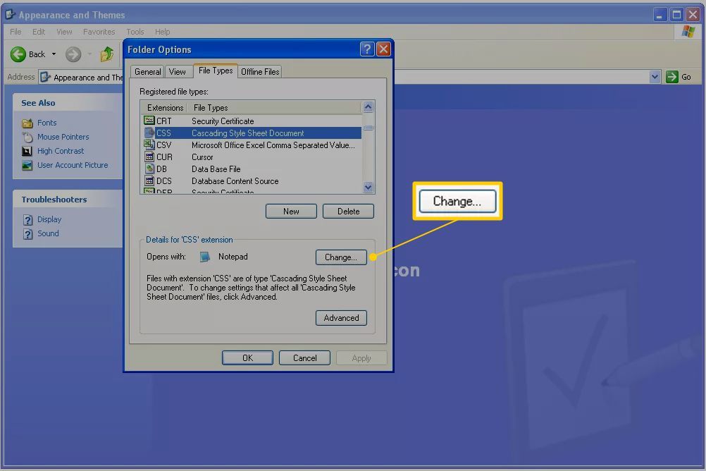 Кнопка «Изменить» в настройках папки для Windows XP