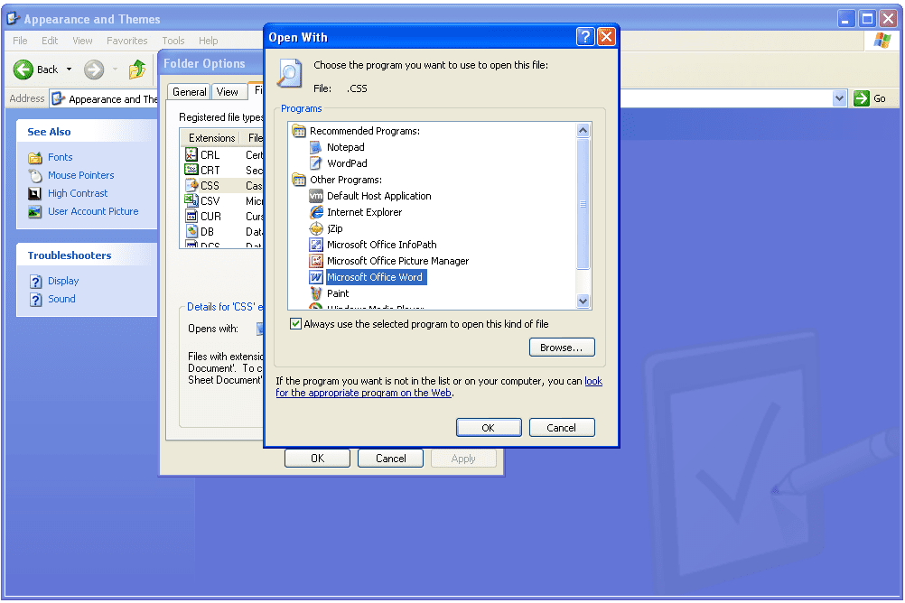 Настройки ассоциации файлов Windows XP